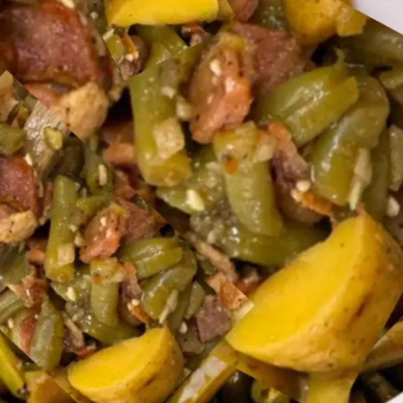 A savory dish of baby potatoes, green beans, and bacon, seasoned and cooked to a flavorful perfection.