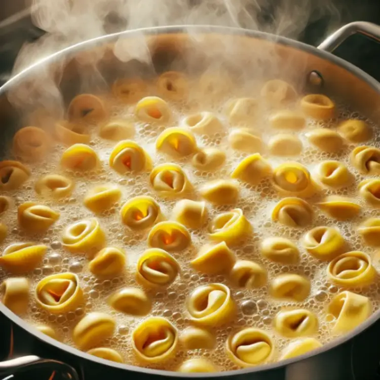 Cheese tortellini boiling in a large pot of salted water, with steam rising, creating a warm and inviting cooking scene.