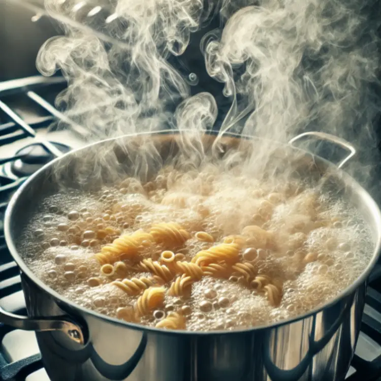 Steam rises from a pot of boiling water with rotini pasta cooking on a stovetop, creating a warm and cozy kitchen scene.