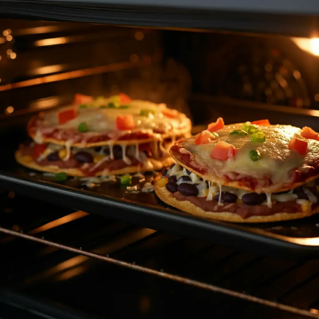 Homemade Mexican pizzas baking in the oven with melted cheese, refried beans, seasoned beef, tomatoes, and green onions on crispy tortillas.