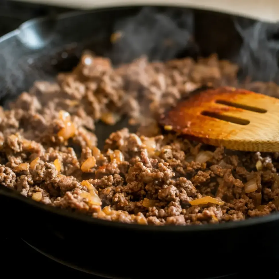 Seasoned ground beef and onions sizzling in a cast iron skillet, stirred with a wooden spatula for a flavorful Mexican pizza topping.