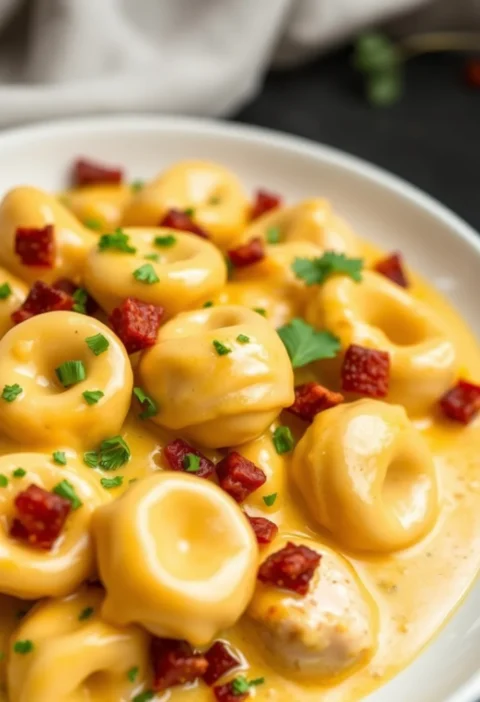 Close-up of creamy cheese marry me chicken tortellini garnished with fresh parsley and diced bacon, served on a white plate for a comforting meal.