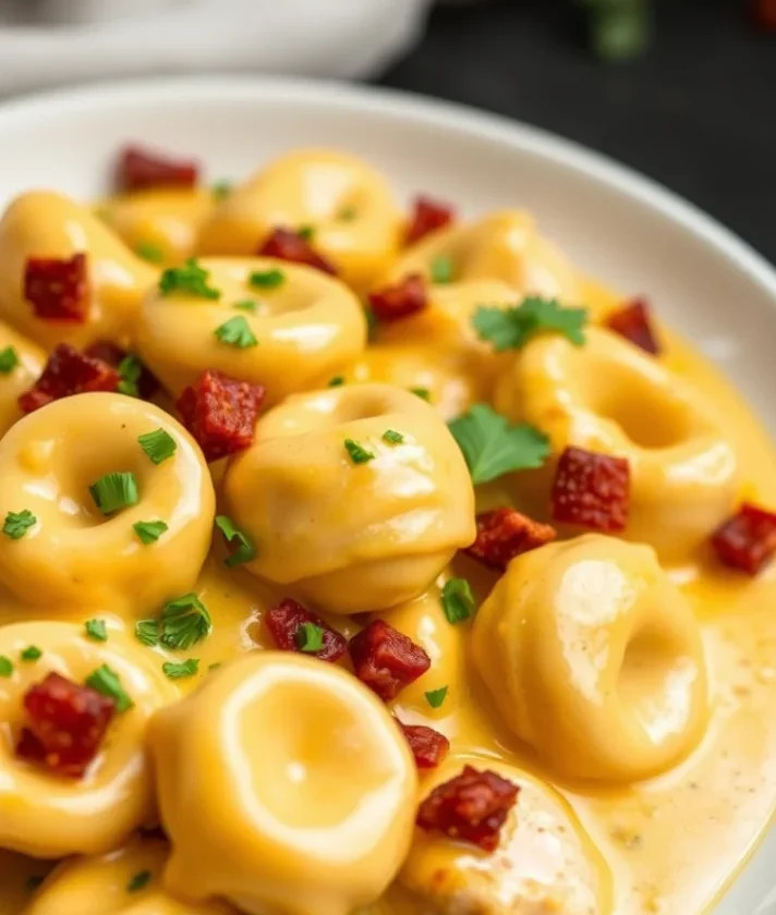 Close-up of creamy cheese marry me chicken tortellini garnished with fresh parsley and diced bacon, served on a white plate for a comforting meal.