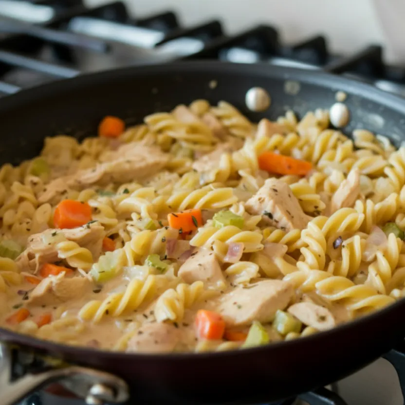 A skillet with creamy chicken, egg noodles, carrots, and celery, simmering for a delicious meal.