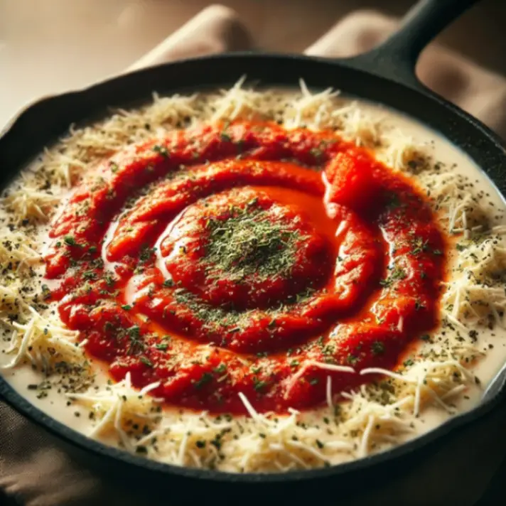 A skillet with creamy sauce topped with tomato sauce, shredded Parmesan, and herbs, ready to be mixed for a flavorful pasta dish.