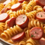 Close-up of creamy rotini pasta with smoked sausage slices, garnished with parsley, served in a bowl for a hearty and comforting meal