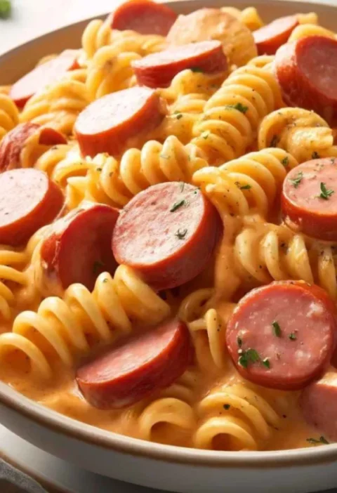 Close-up of creamy rotini pasta with smoked sausage slices, garnished with parsley, served in a bowl for a hearty and comforting meal