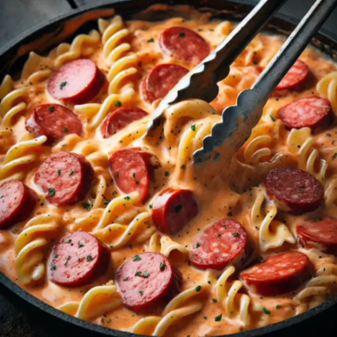 A skillet filled with creamy smoked sausage pasta, featuring rotini, sausage slices, and garnished with parsley, being served with tongs.