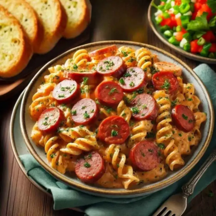 A plate of creamy smoked sausage pasta with rotini and sausage slices served with garlic bread and a fresh side salad.