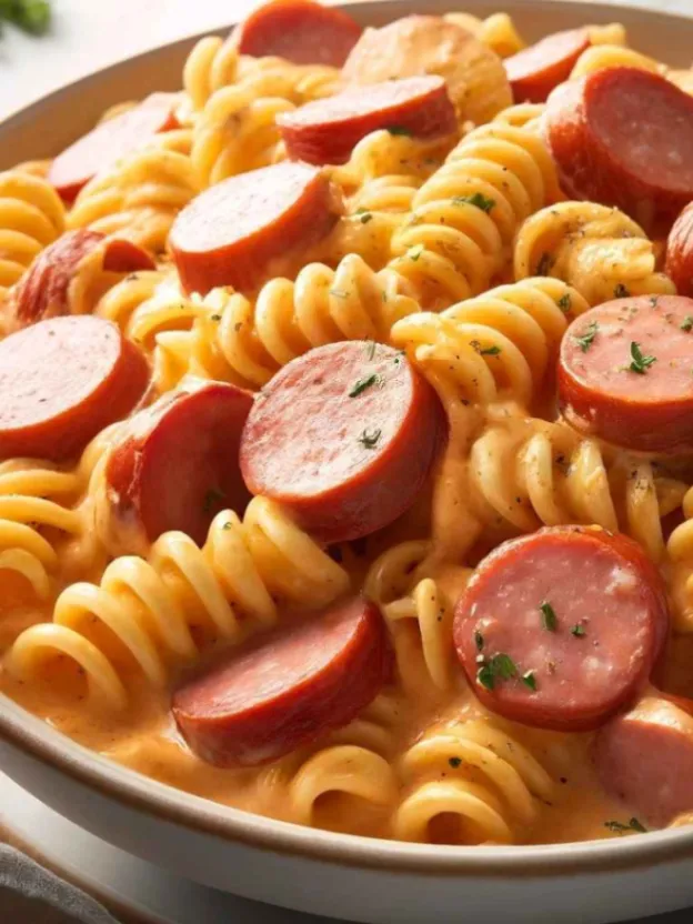 Close-up of creamy rotini pasta with smoked sausage slices, garnished with parsley, served in a bowl for a hearty and comforting meal