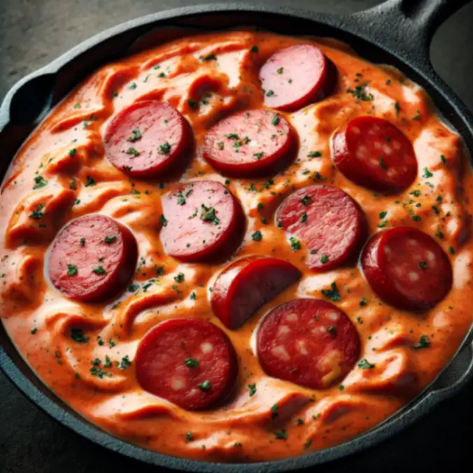 A skillet filled with creamy tomato sauce and sliced smoked sausage, garnished with parsley, ready to pair with pasta.