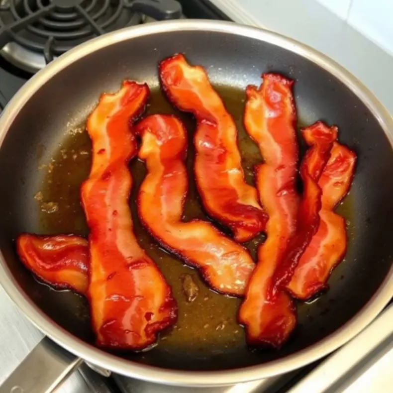 Crispy bacon slices sizzling in a frying pan with glistening grease on a stovetop.