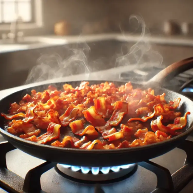 Crispy bacon sizzling in a skillet on a stovetop, with steam rising, creating a rich and flavorful base for the recipe.