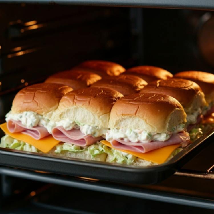 Deli meats and cheese sliders with creamy coleslaw filling, baking in an oven on a tray of soft golden buns.