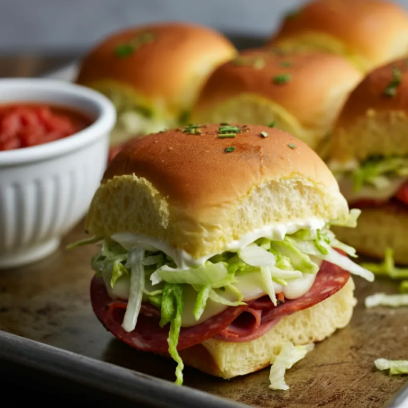 Slider with deli meats, lettuce, cheese, and mayo in a soft bun, served with tomato dip in the background.