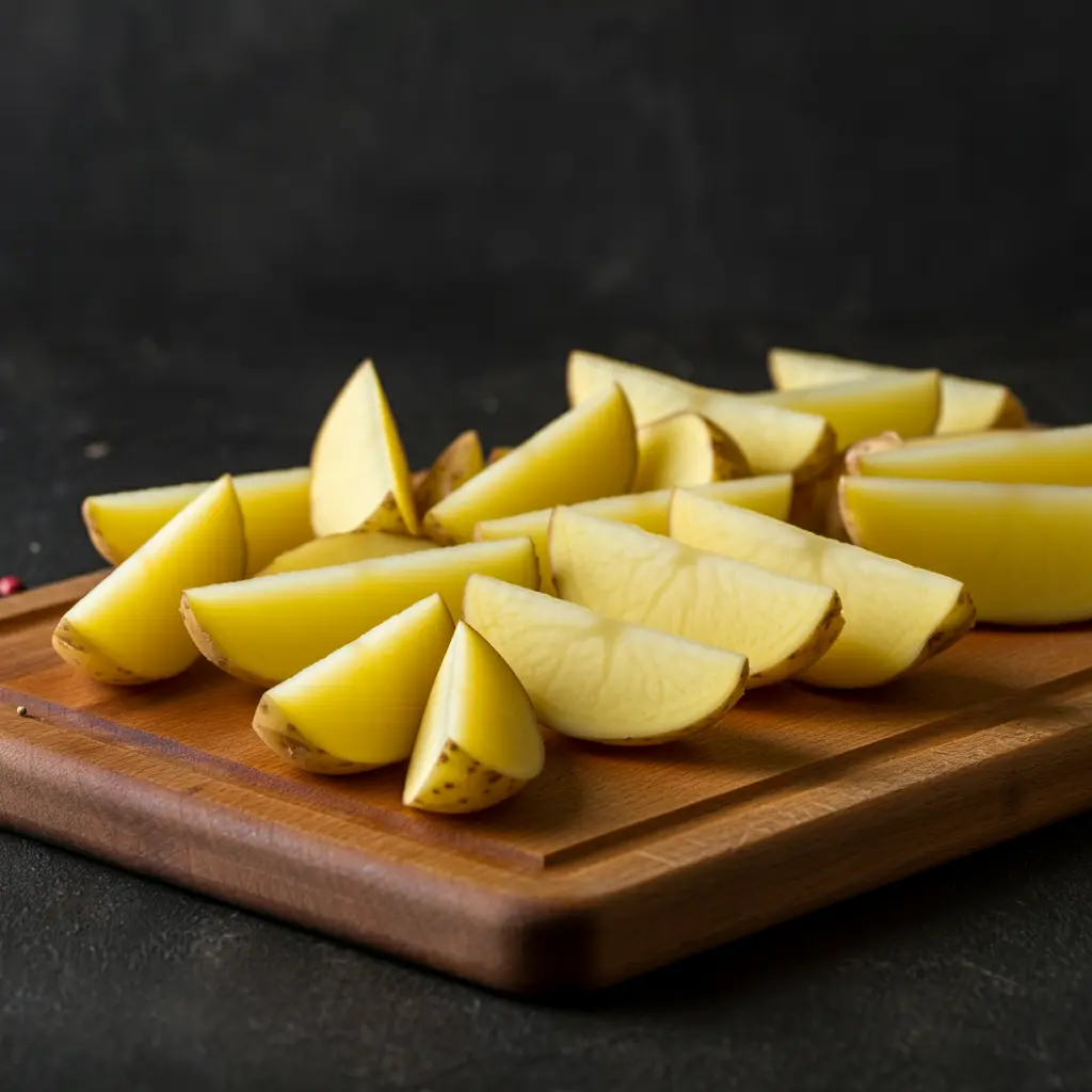 Freshly cut potato wedges arranged neatly on a wooden cutting board, with a dark background highlighting the natural texture.