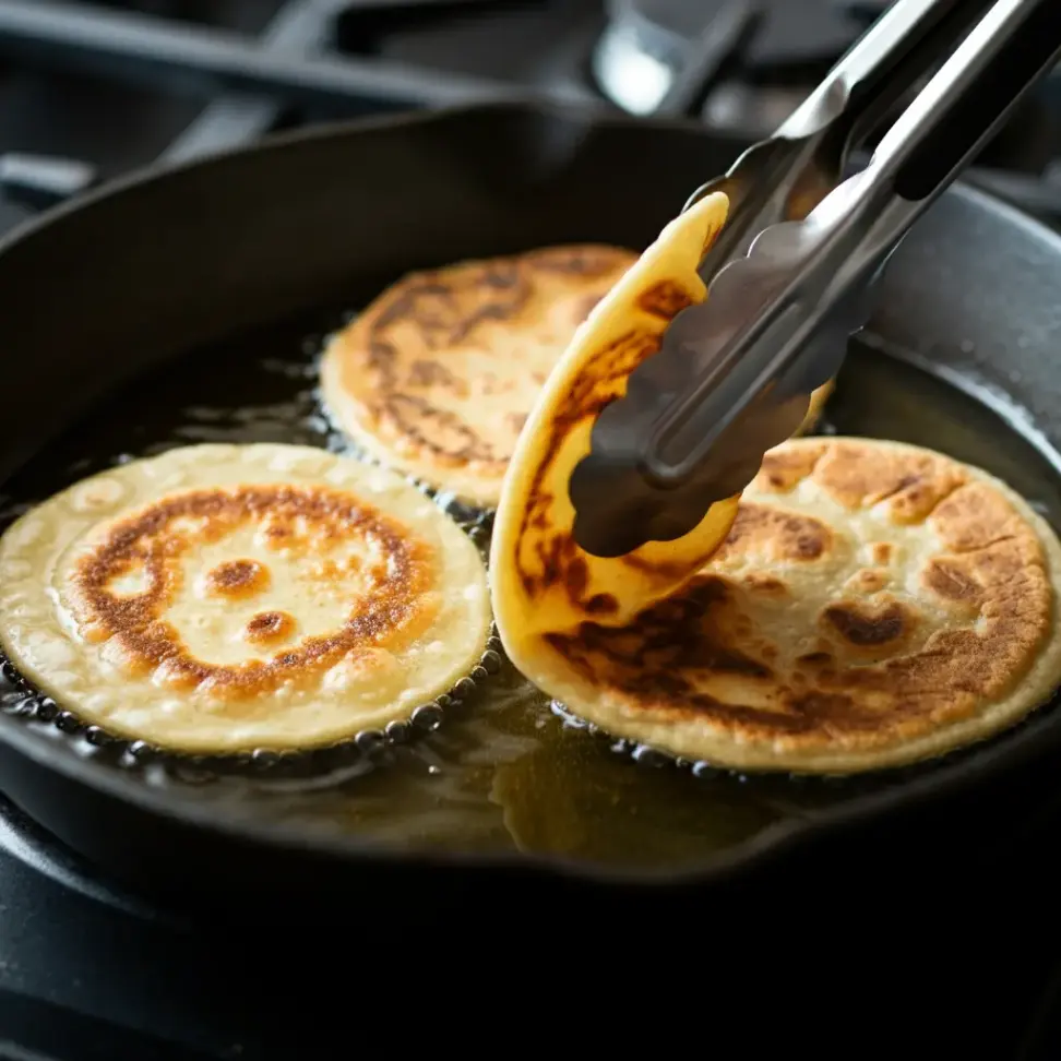 Golden-brown tortillas frying in a cast iron skillet, flipped with tongs, creating a crispy base for homemade Mexican pizza.