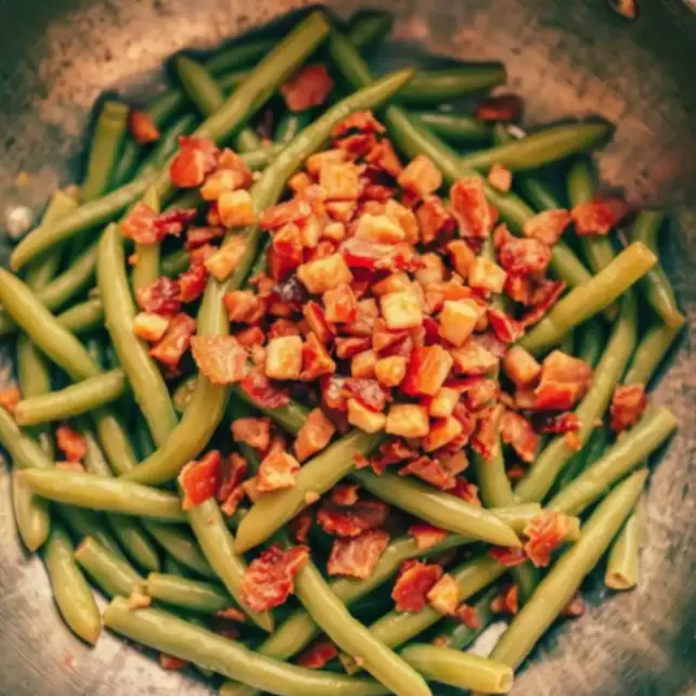 Steamed green beans topped with crispy chopped bacon bits in a stainless steel bowl, ready to be served.