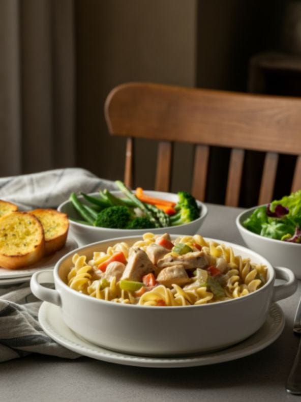 Creamy chicken and noodles served in a white bowl, accompanied by garlic bread, fresh salad, and steamed vegetables.