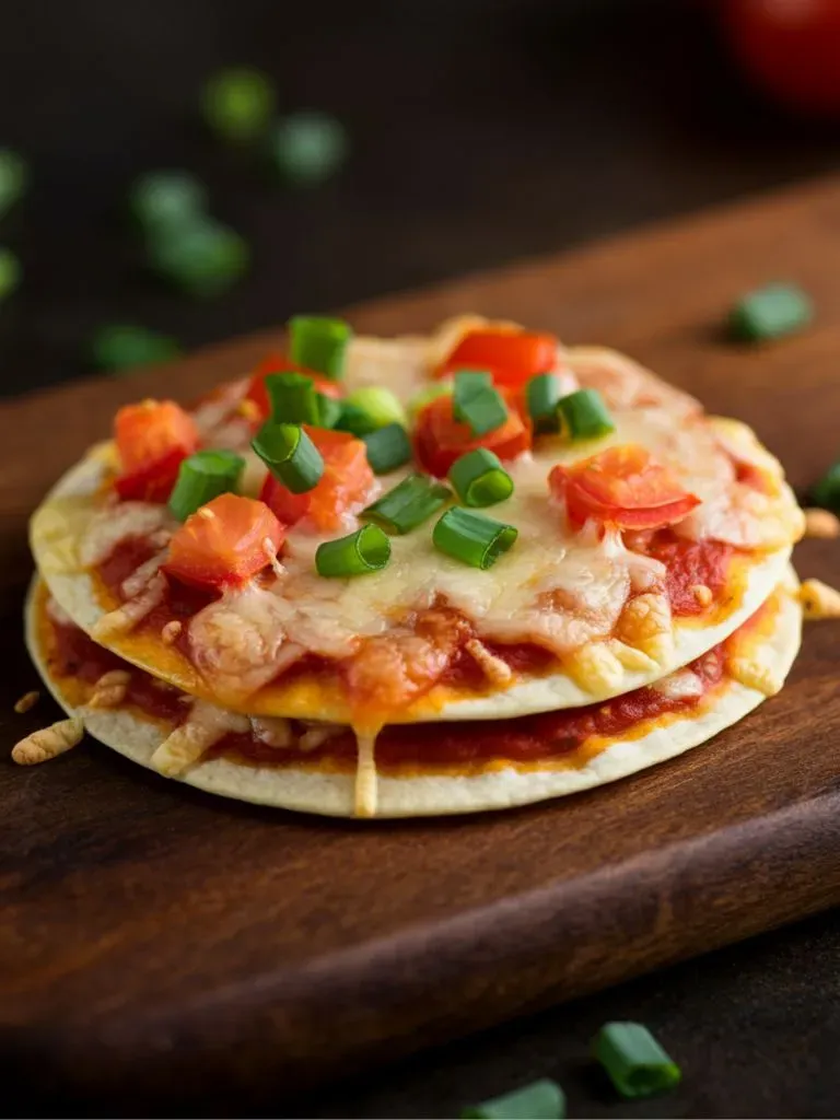 A freshly baked Mexican pizza with crispy tortillas, melted cheese, diced tomatoes, and green onions, served on a wooden board.