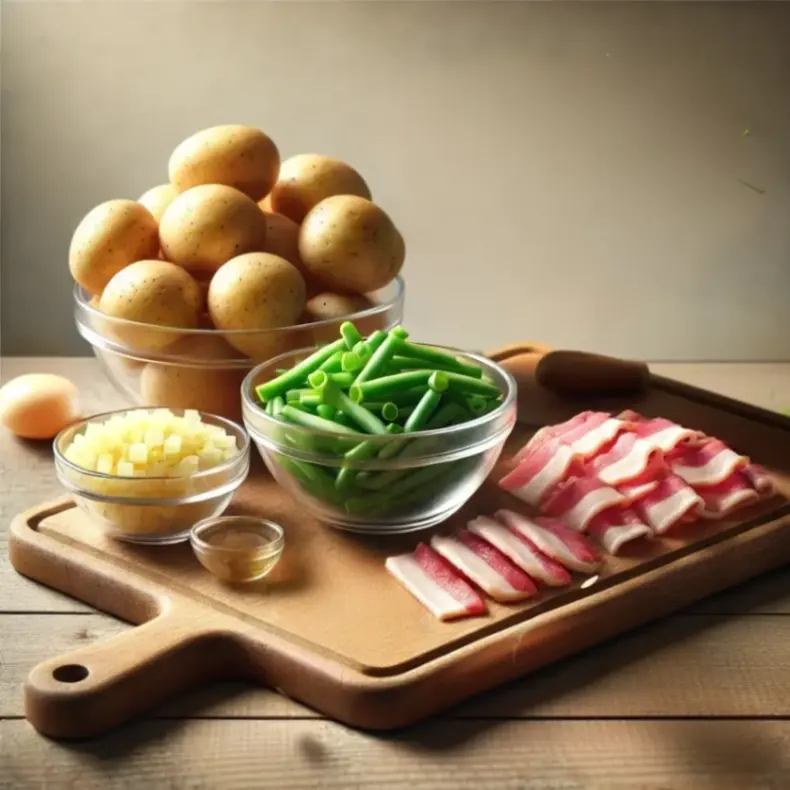 Fresh ingredients for green beans and potatoes recipe, including baby potatoes, green beans, diced onion, bacon, and seasonings on a wooden board.