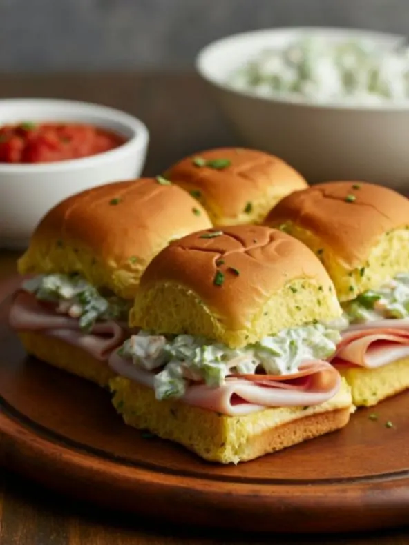 Italian Sliders served on a wooden platter with dips in the background.