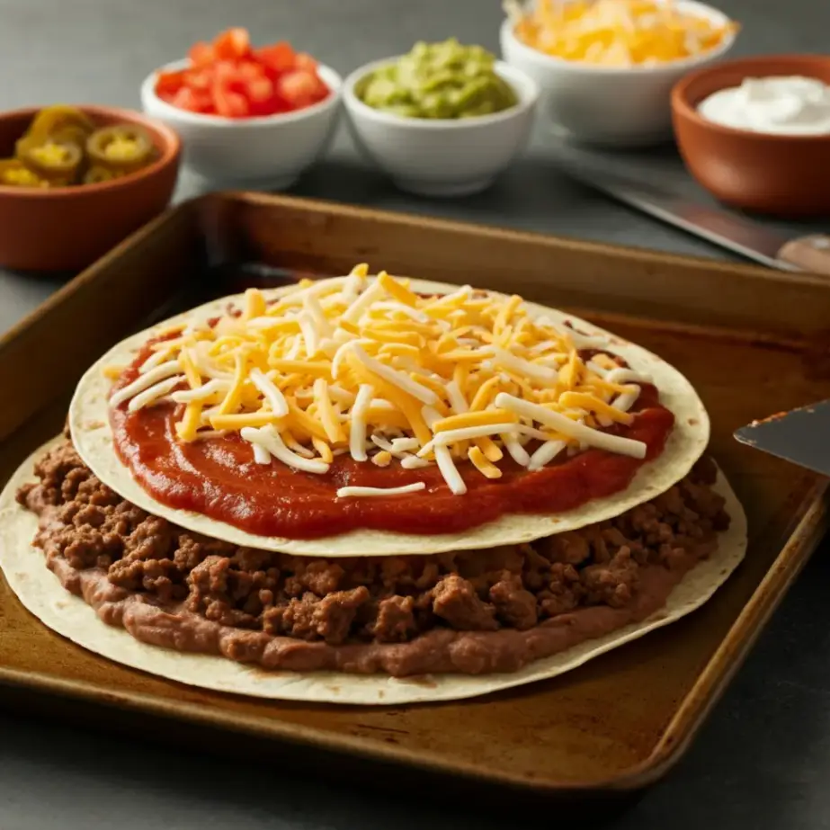 A homemade Mexican pizza layered with refried beans, seasoned beef, enchilada sauce, and shredded cheese, ready to bake on a sheet pan.