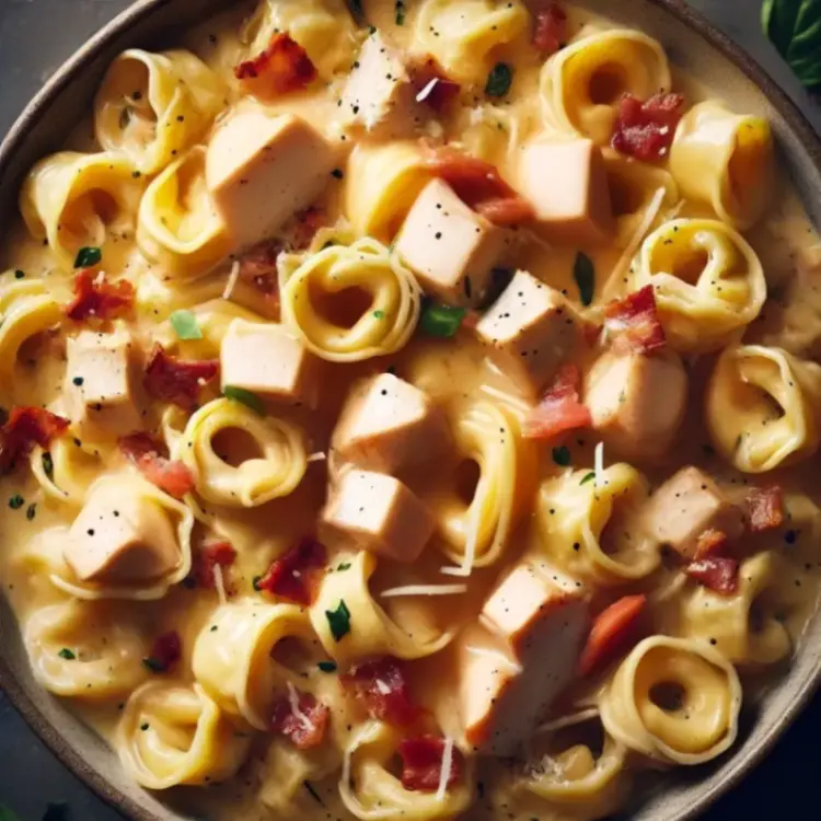 A bowl of creamy Marry Me Chicken Tortellini with tender chicken pieces, cheese-filled pasta, crispy bacon, and fresh basil garnish.