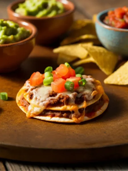 A freshly baked Mexican pizza topped with melted cheese, diced tomatoes, and green onions, served with guacamole, salsa, and tortilla chips.