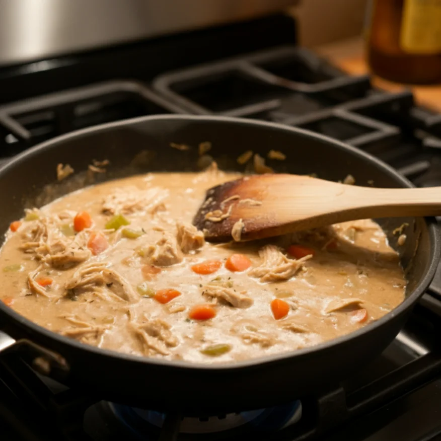 A skillet with shredded chicken, carrots, celery, and creamy sauce, stirred with a wooden spoon.