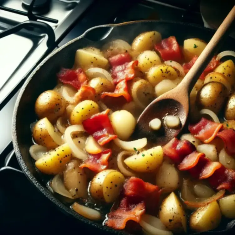 Simmering baby potatoes, green beans, onions, and crispy bacon in a skillet with rich broth and seasonings.