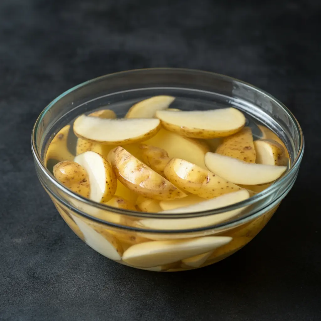 Potato wedges fully submerged in a glass bowl of cold water, displayed on a dark background for a clean and minimalistic look.