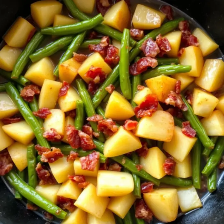 A colorful dish of diced potatoes, green beans, and crispy bacon bits, cooked together in a black skillet.