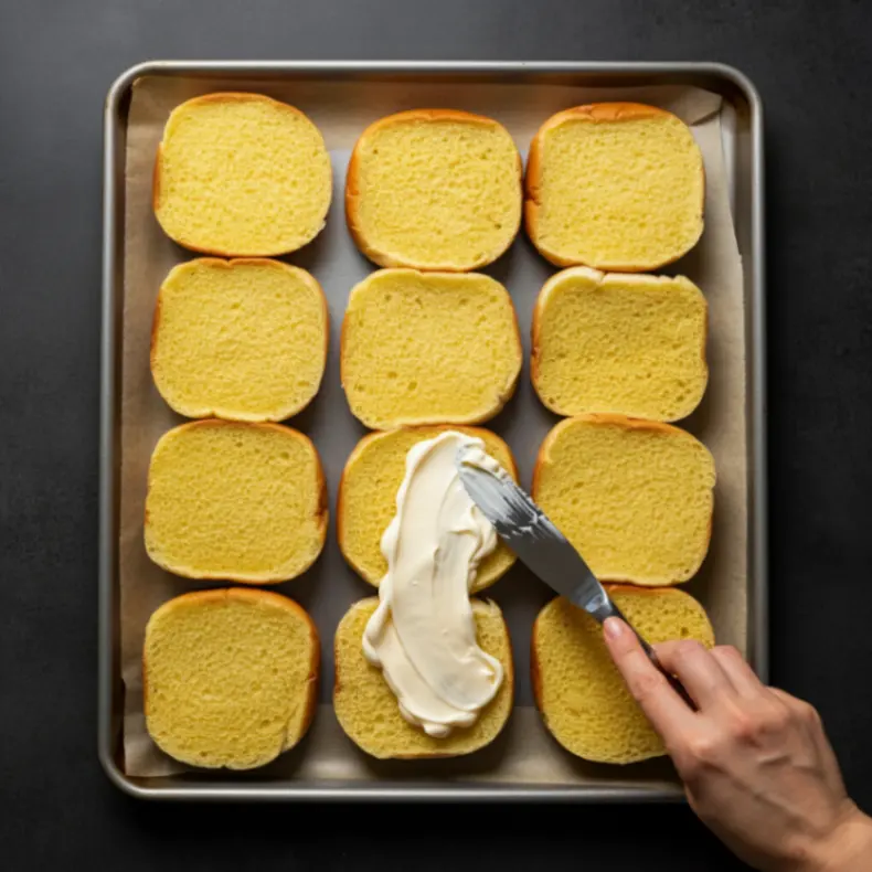 Spreading mayonnaise on King's Hawaiian rolls arranged on a parchment-lined baking sheet for preparation.