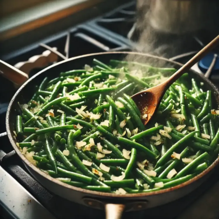 Fresh green beans sautéing with chopped onions and garlic in a large skillet on a stovetop with steam rising.