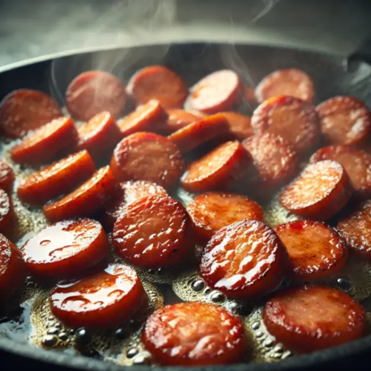 Sliced smoked sausage sizzling in a skillet, caramelized to golden brown perfection with steam rising during the cooking process.