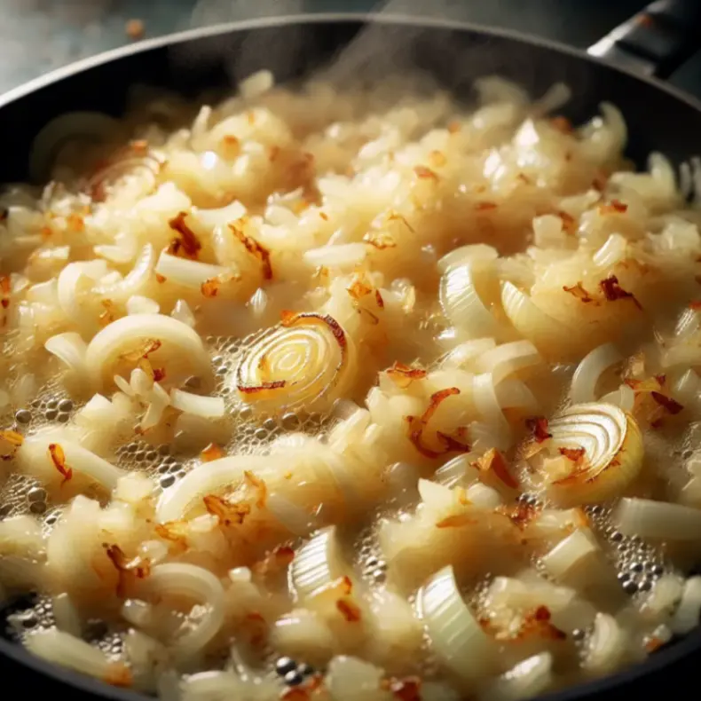 Chopped onions sautéing in a frying pan with light golden caramelization and gentle steam rising.