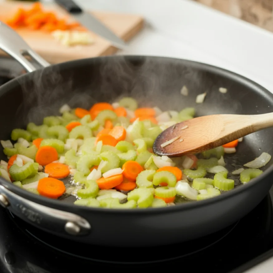 Close-up of a skillet with sautéing onions, carrots, and celery in melted butter on a stovetop.