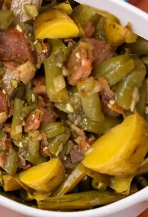 A flavorful dish of baby potatoes, green beans, and bacon, cooked together and seasoned to create a comforting side dish.