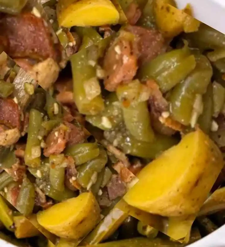 A flavorful dish of baby potatoes, green beans, and bacon, cooked together and seasoned to create a comforting side dish.