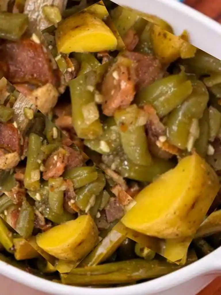 A flavorful dish of baby potatoes, green beans, and bacon, cooked together and seasoned to create a comforting side dish.