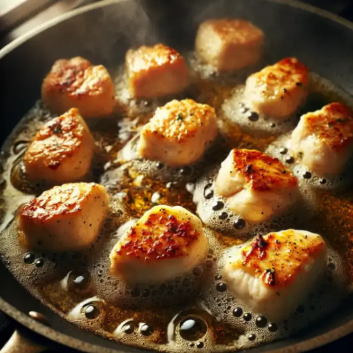 Golden-brown bite-sized chicken pieces searing in a skillet, cooked to perfection with a crispy, flavorful crust.