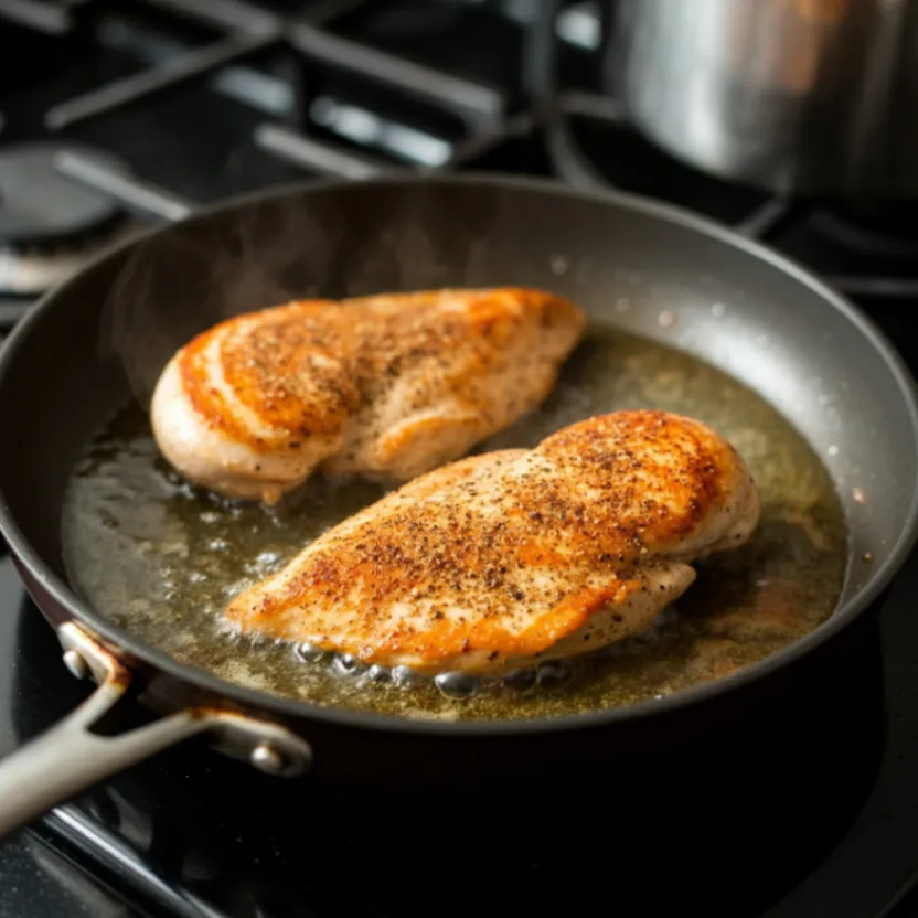 Close-up of two seasoned and cooked chicken breasts in a skillet.