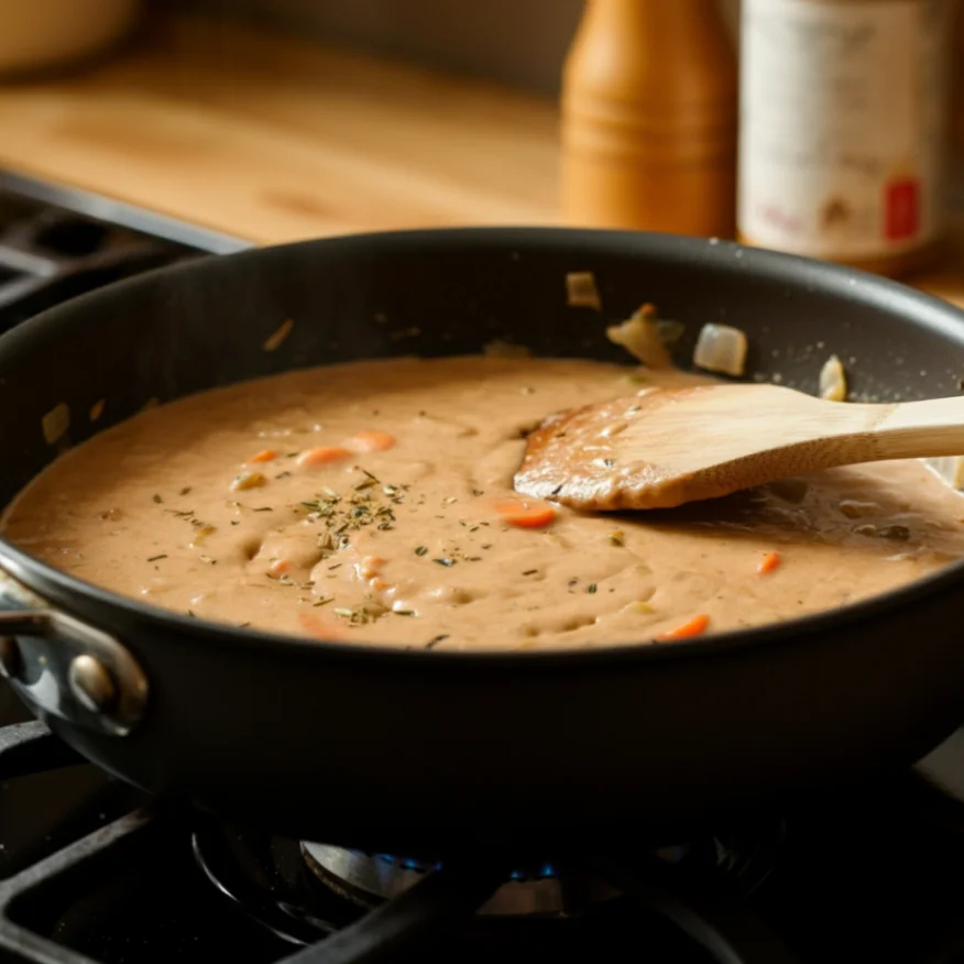 A pot of creamy sauce with sliced carrots and chunks of onions, simmering in a flavorful broth.