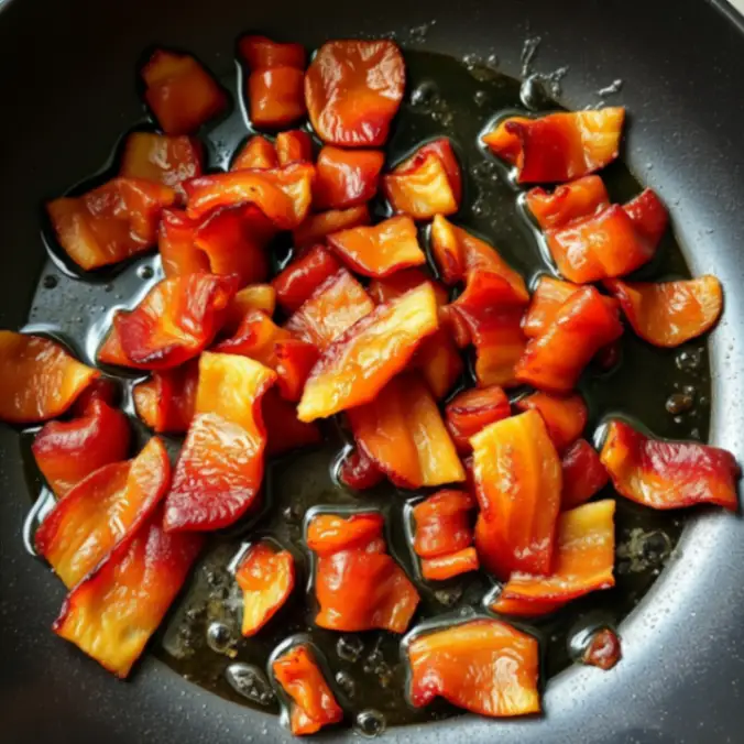 Sizzling diced bacon cooking in its own fat in a skillet, with a glossy, golden-brown finish.