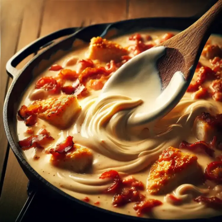 Heavy cream stirred into a skillet sauce with tender chicken and crispy bacon, creating a creamy and rich texture.