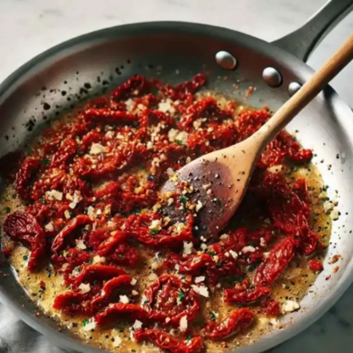 Sun-dried tomatoes and seasonings cooking in a skillet with a wooden spoon, creating a flavorful base for a creamy pasta dish.