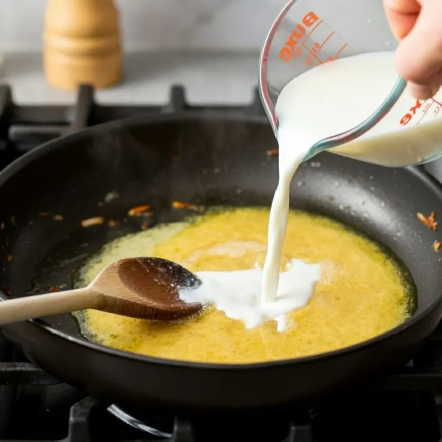 Pouring milk into a skillet with oil and flour to make gravy, while stirring with a wooden spoon.