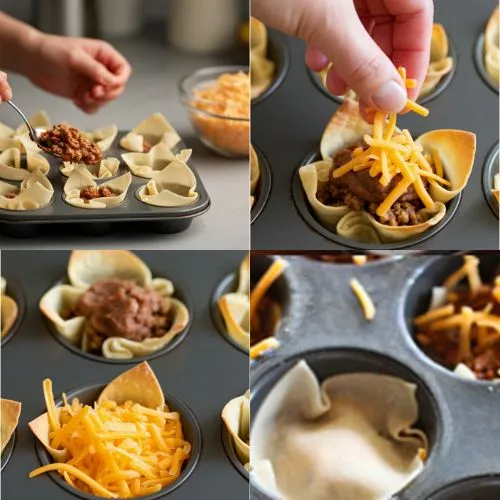 Filling Wonton wrappers muffin cups with seasoned meat and shredded cheese for taco cupcakes.