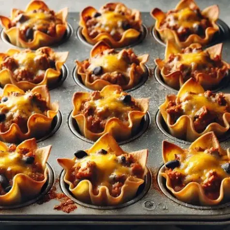 Baked taco cupcakes with seasoned meat, cheese, and black beans in muffin tin.